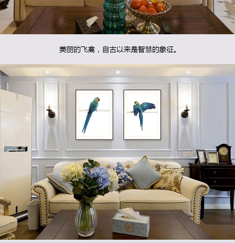 欧式轻奢动物组合挂画 卧室餐厅装饰画晶瓷画  纯手绘油画 金刚鹦鹉