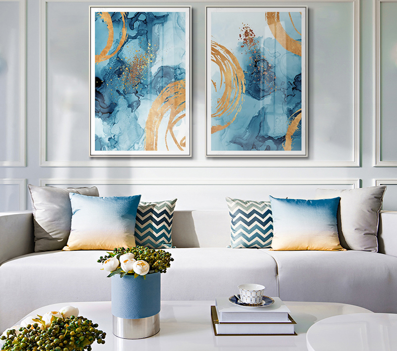 现代简约挂画玄关装饰画 抽象线条画 轻奢客厅沙发壁画 金属框两联画 